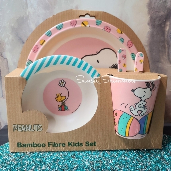 4 New Peanuts Snoopy & Woodstock Kids Easter Egg Dinner Plate Bowl Cup Utensils - Picture 12 of 12